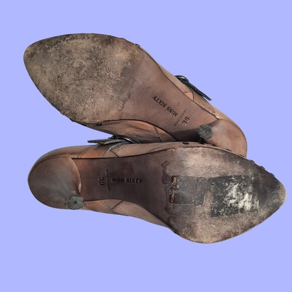 Miss Sixty Ankle Boots Heels 38 Size 7.5 Brown Distressed Leather Studded Buckle - Picture 7 of 9